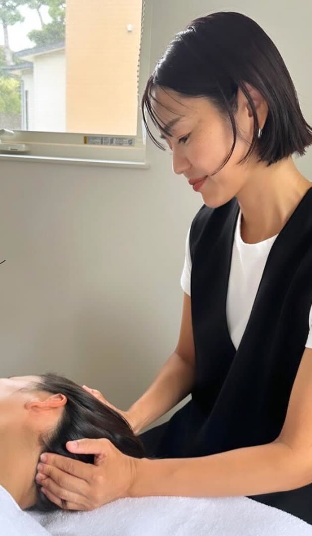 セラピストの吉田知佳さんが、ヘッドスパをしているところ